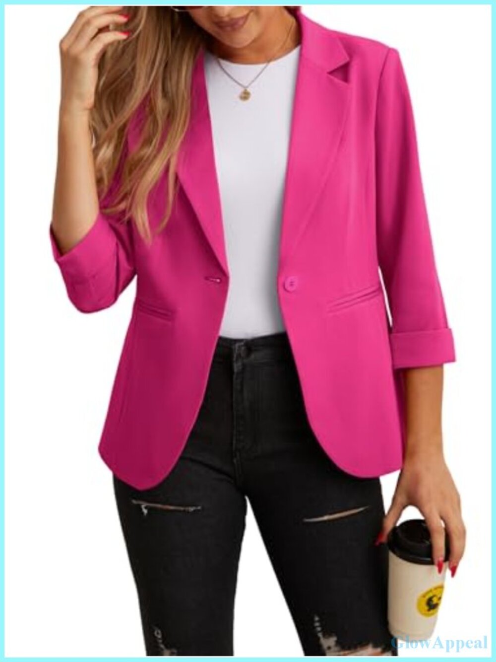 Women's 3/4 Sleeve Lapel Blazer Suit Jacket Button Front Pockets